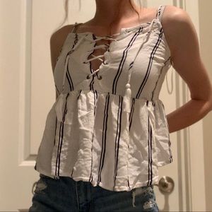 Striped lace up V-neck
